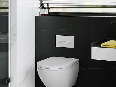 Modern Bathroom Interior With White Wall Mounted Toilet And Black Wall Design 3d model
