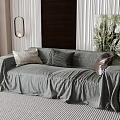 Cozy Double Sofa With Gray Cover And Cushions In Modern Living Room With Green Plants
