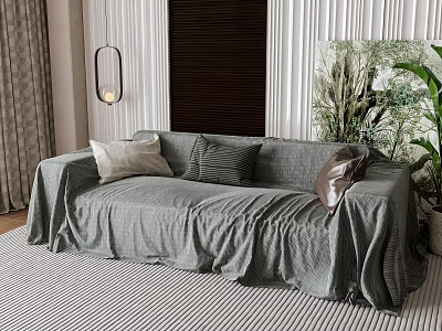Cozy Double Sofa With Gray Cover And Cushions In Modern Living Room With Green Plants 3d model