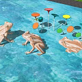 Garden Ornaments Featuring Frog Sculptures And Colorful Stools On Water Surface