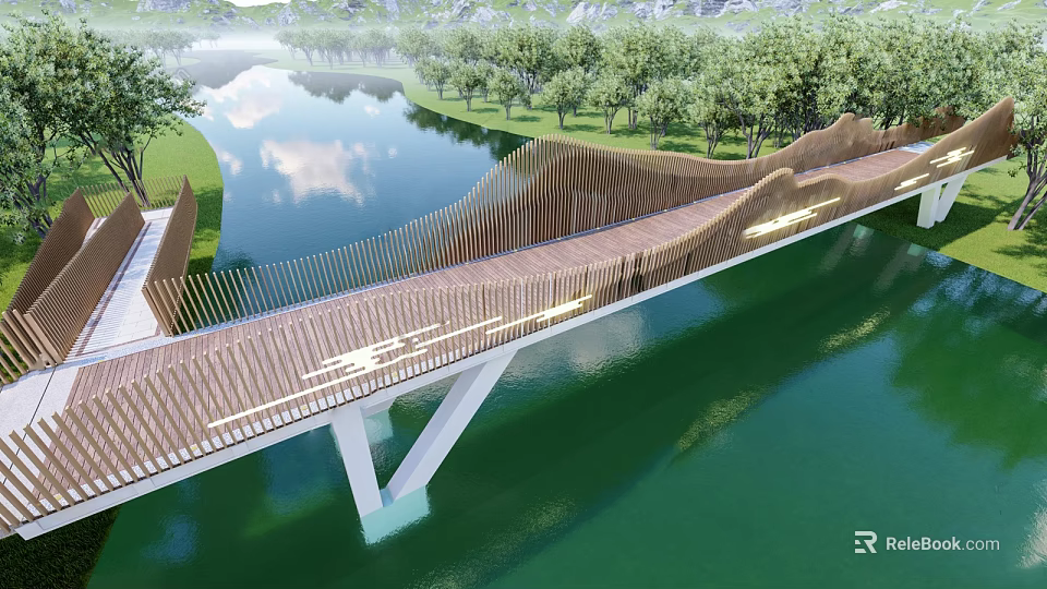 Modern Wooden Bridge With Wavy Railings Over River And Natural Landscape 3d model 