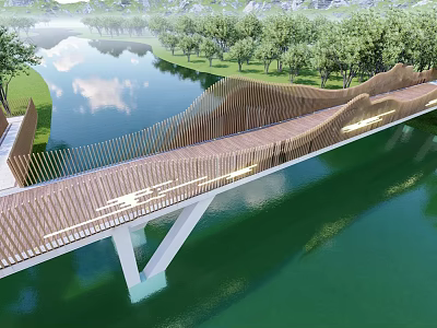 Modern Wooden Bridge With Wavy Railings Over River And Natural Landscape 3d model