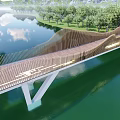 Modern Wooden Bridge With Wavy Railings Over River And Natural Landscape
