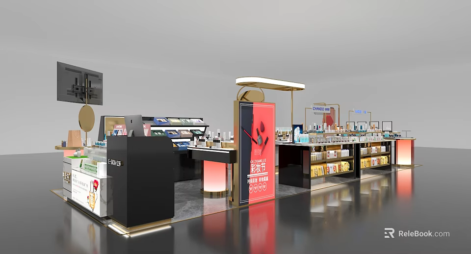 Elegant Modern Mall Counter With Display Shelves Products Lighting And Red Signage 3d model 