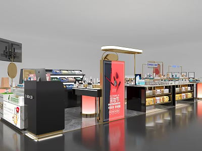 Elegant Modern Mall Counter With Display Shelves Products Lighting And Red Signage 3d model