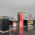 Elegant Modern Mall Counter With Display Shelves Products Lighting And Red Signage