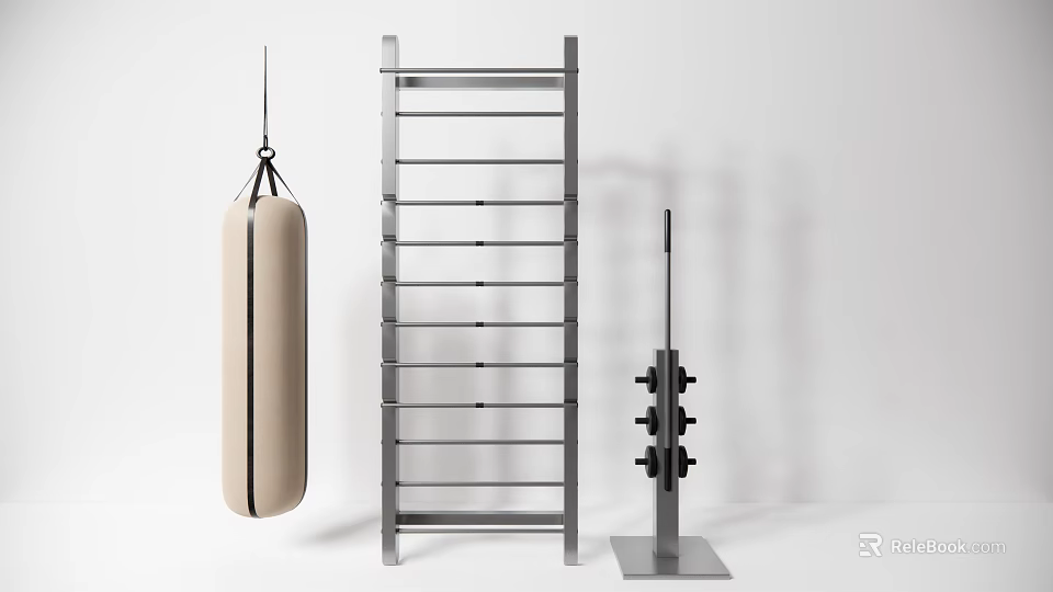 Home Gym Sports Equipment Including Punching Bag Metal Ladder Rack And Barbell With Weights 3d model 
