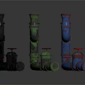 Colorful Industrial Pipes In Black Green Blue And Red With Valves And Connections