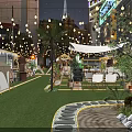 Vibrant Nighttime Commercial Street With String Lights Tents Green Grass Potted Plants And Wooden Barrels