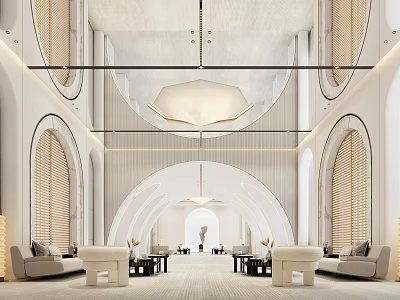 Spacious Modern Lounge Area With Arched Windows And Comfortable Seating 3d model