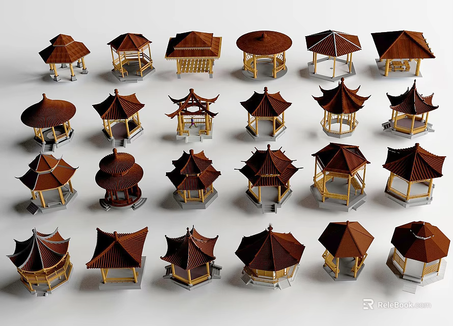 Traditional Garden Landscape Featuring Various Style Pavilion Models 3d model