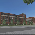 Modern Red Brick School Building With Green Trees Wide Road And Blue Sky Exterior View