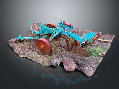Detailed Blue Agricultural Machinery Model With Red Wheels Metal Parts On Dirt Grass Base 3d model