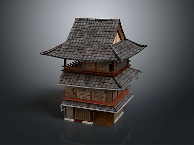 Traditional Japanese Multi story Architecture With Tile Roof And Wooden Veranda Design 3d model