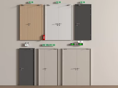 Various Types of Fire Exit Doors With Wooden White Gray Colors And Exit Signs 3d model