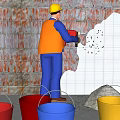Worker Removing Wall Tiles And Bricks During Construction With Colored Buckets 3d model
