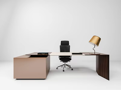 Modern Office Desk With Black Office Chair Gold Table Lamp And Black Notebook 3d model
