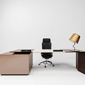 Modern Office Desk With Black Office Chair Gold Table Lamp And Black Notebook