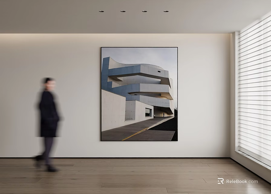 Minimalist Modern Interior Featuring Architectural Painting Walking Person Wooden Floor And Window Blinds 3d model 