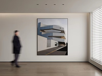 Minimalist Modern Interior Featuring Architectural Painting Walking Person Wooden Floor And Window Blinds 3d model