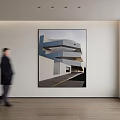 Minimalist Modern Interior Featuring Architectural Painting Walking Person Wooden Floor And Window Blinds
