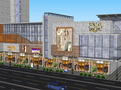 Modern Commercial Street With Multi Story Buildings Glass Facades Retail Shops And Green Plants 3d model