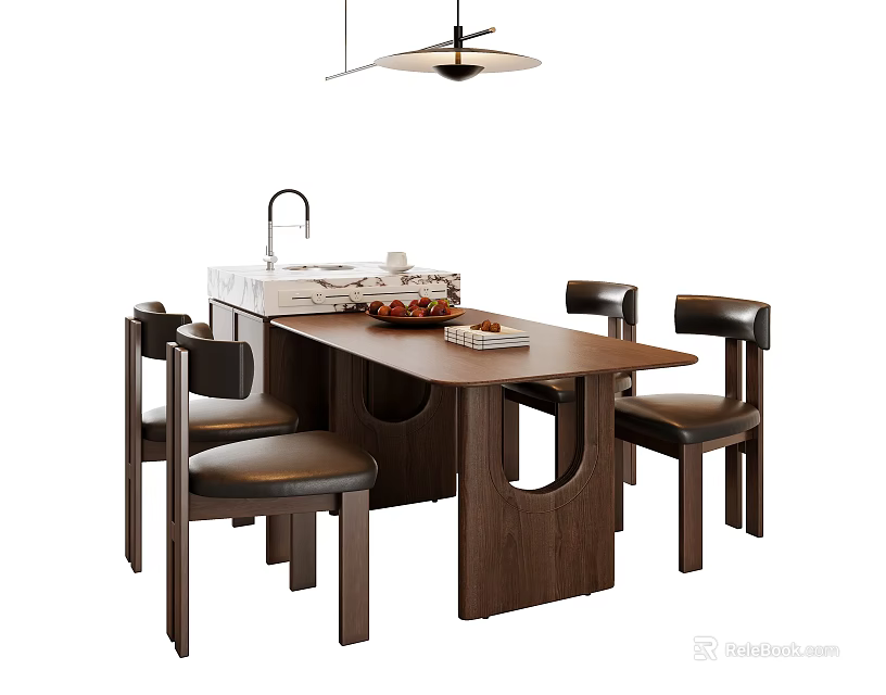 Modern Wooden Dining Table Set With Four Black Leather Chairs Hanging Light And Fruit Plates 3d model 