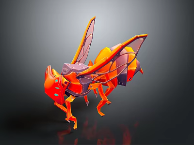 Futuristic Mechanical Creature 3D Model With Orange Purple Wings And Detailed Design 3d model