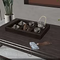 Traditional Tea Set On Wooden Tray With Ceramic Cups And Silver Teapot On Coffee Table