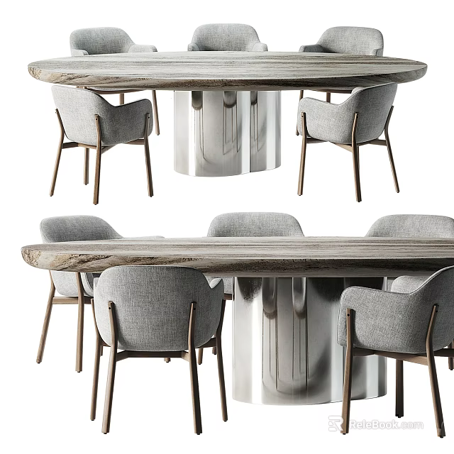 Modern Dining Table Set With Wooden Tabletop And Gray Upholstered Chairs 3d model 