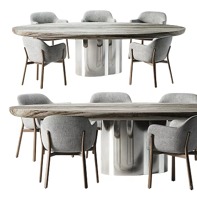 Modern Dining Table Set With Wooden Tabletop And Gray Upholstered Chairs 3d model
