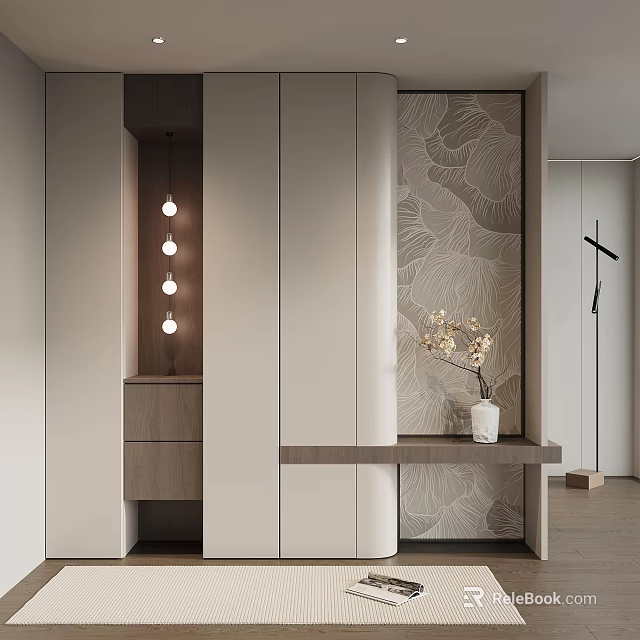 Modern Entryway Console And Side Cabinet With Leaf Pattern Wall Hanging Lights And Flower Vase 3d model 