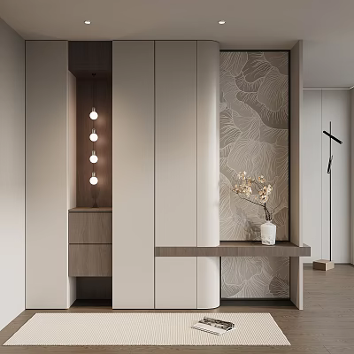 Modern Entryway Console And Side Cabinet With Leaf Pattern Wall Hanging Lights And Flower Vase 3d model