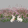 Vase With Pink Purple Flowers Surrounded By White Rabbit Statues And Green Plants
