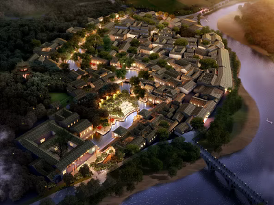 Ancient Architectural Complex Illuminated At Night With River And Green Trees 3d model