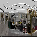 Modern Clothing Store Interior With Golden Racks Circular Display And Fashion Garments