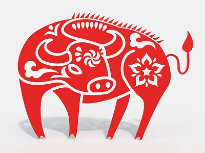 Red Paper Cut Cow Ornament With Floral Patterns For Home Decoration 3d model