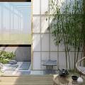 Rooftop Garden With Golden Lattice Screen Wicker Chairs Rattan Table And Wooden Deck