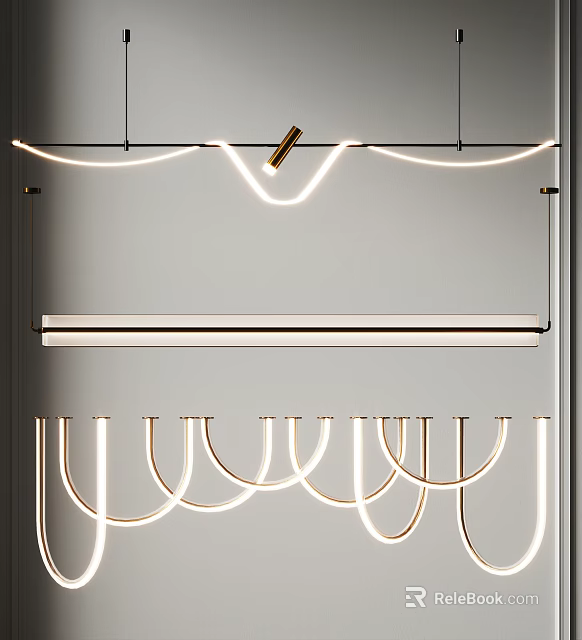Stylish Modern Chandelier With Curved LED Light Strips And Brass Frame Accents 3d model 