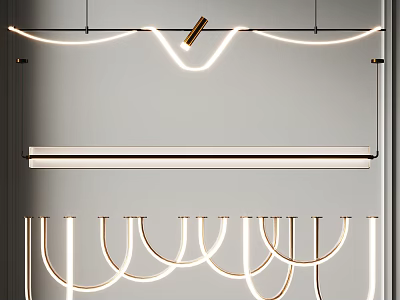 Stylish Modern Chandelier With Curved LED Light Strips And Brass Frame Accents 3d model