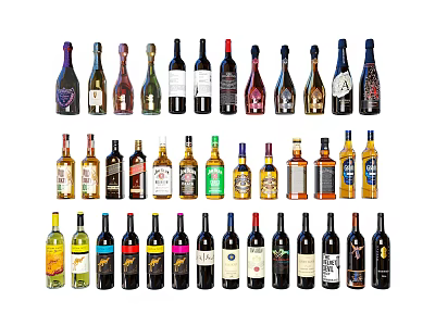 Various Types of Wine Bottles Displayed with Different Colors and Shapes in Rows 3d model