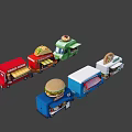 Colorful Food Truck Models With Various Cuisine Themes And Food Logos