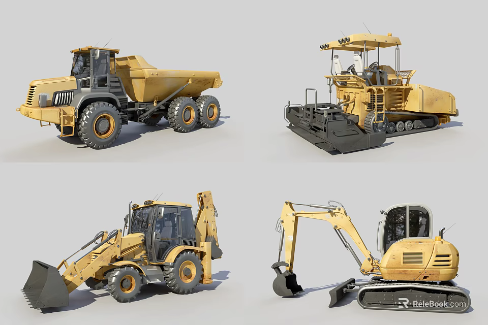 Heavy Duty Functional Construction Vehicles Featuring Dump Truck Paver Loader And Excavator 3d model 