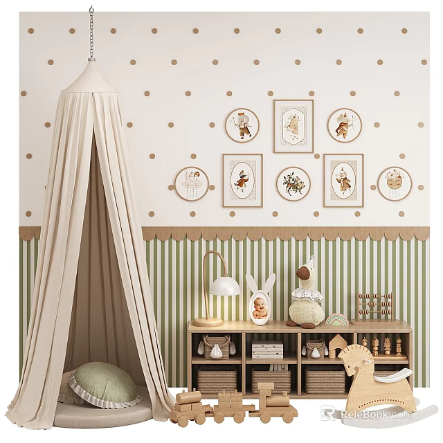 Kids Playroom With Polka Dot Walls Striped Wallpaper Canopy Tent And Wooden Horse 3d model 
