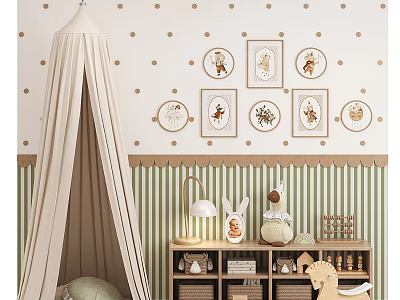 Kids Playroom With Polka Dot Walls Striped Wallpaper Canopy Tent And Wooden Horse 3d model