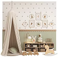 Kids Playroom With Polka Dot Walls Striped Wallpaper Canopy Tent And Wooden Horse