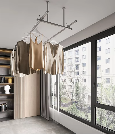 Modern Home Balcony Interior With Hanging Clothes Drying Rack And Floor To Ceiling Windows 3d model