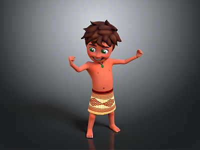Cartoon Boy Raising Arms With Brown Hair Green Eyes Green Necklace And Yellow Patterned Shorts 3d model