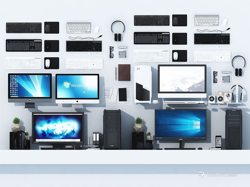 Assorted Computer Monitors Keyboards Headphones Desktop Towers And Accessories Collection 3d model 