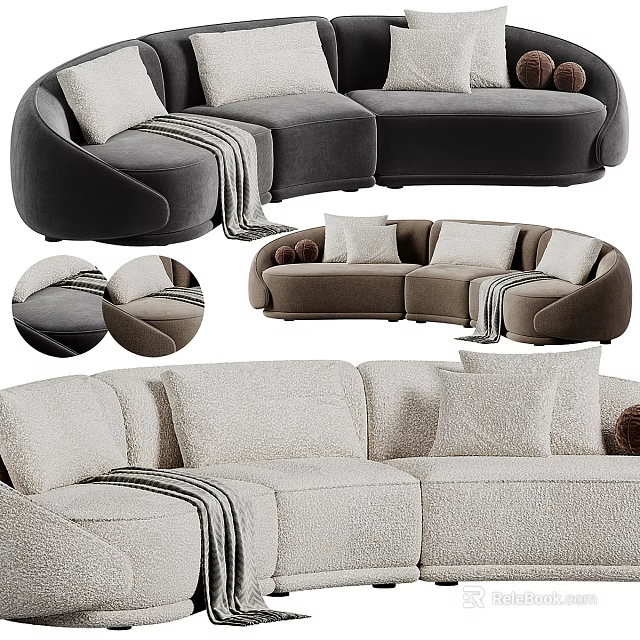 Modern Curved Sectional Sofa In Gray Beige With Plush Pillows And Striped Throw Blankets 3d model 